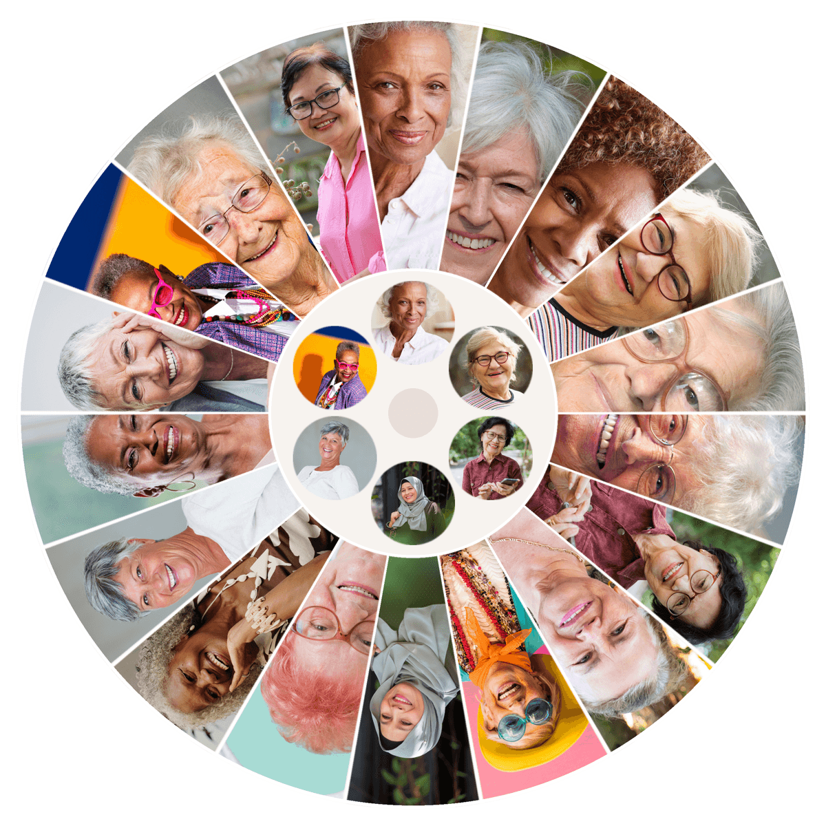 Kaléidoscope de portraits de femmes souriantes de plus de 50 ans.